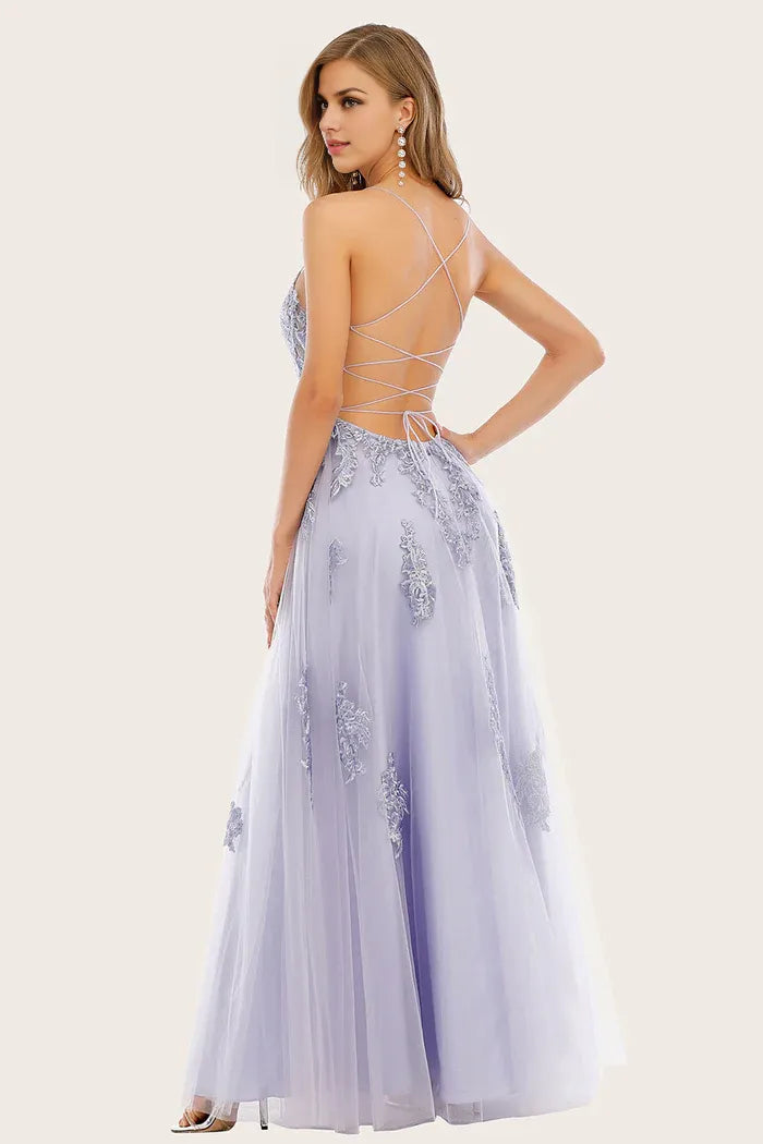 Robe de soirée longue en tulle et dentelle, coupe trapèze, couleur lavande